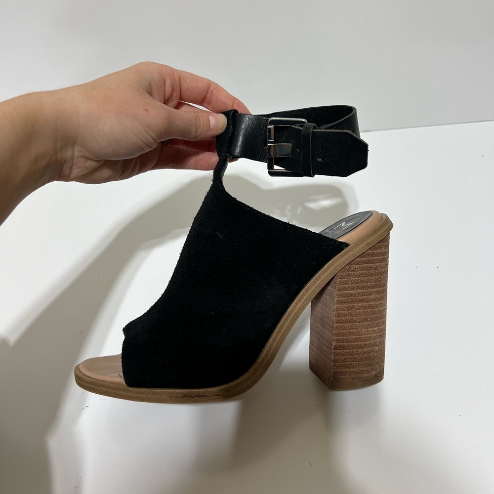 Marc Fisher Black Suede Open-Toe Block Heel Sandal with Ankle Buckle
